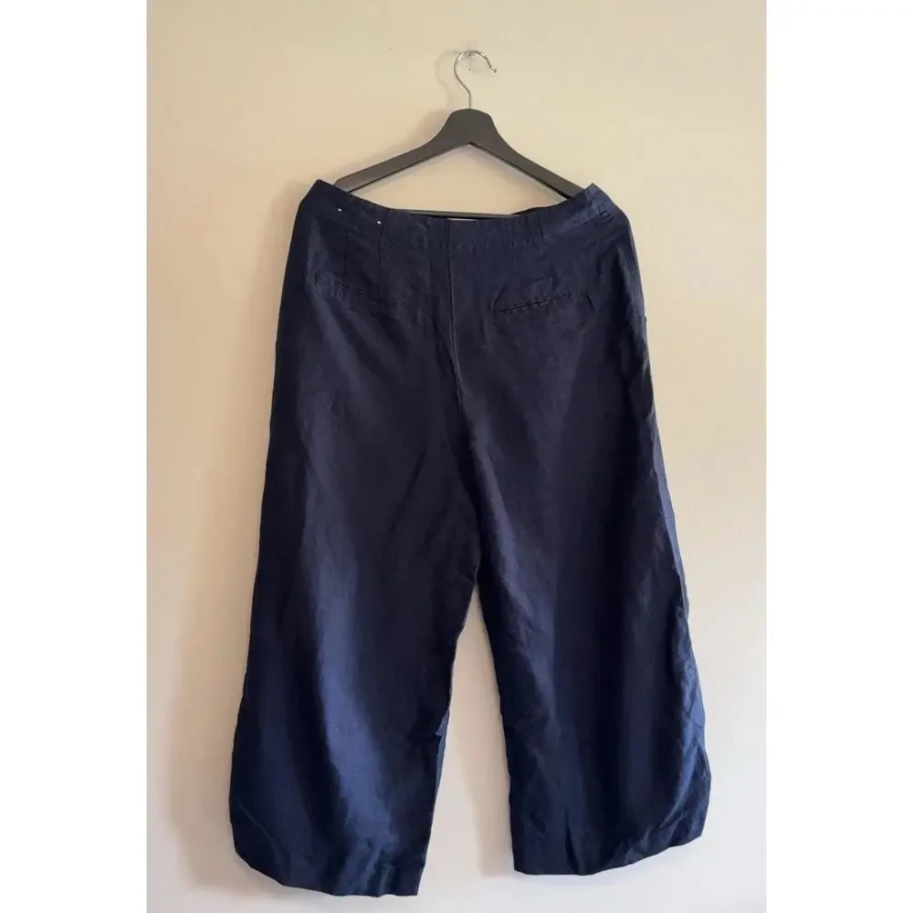 Ann Taylor Pants Womens 8 Blue Linen Cropped Wide Leg Sailor Buttons Capri - Picture 2 of 11